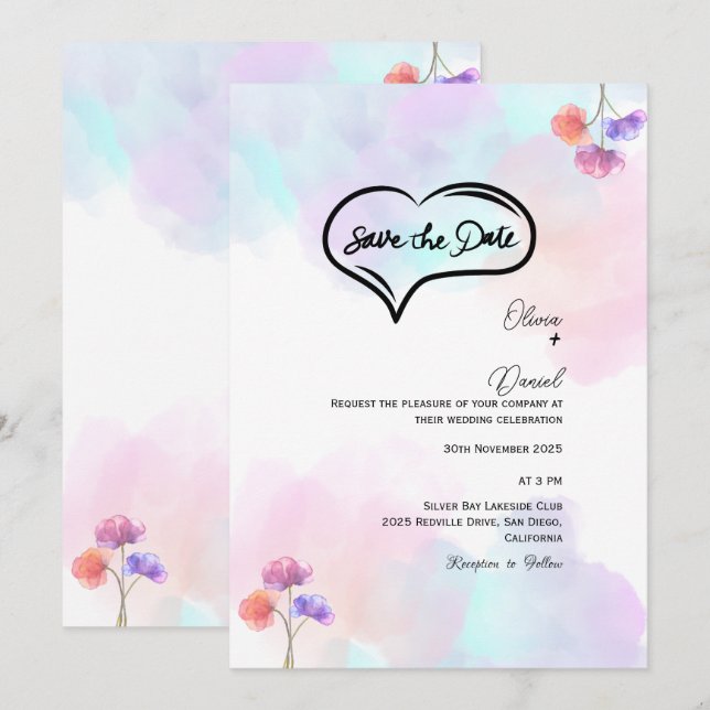 Classic Pink & Blue Wedding Invitations (Front/Back)