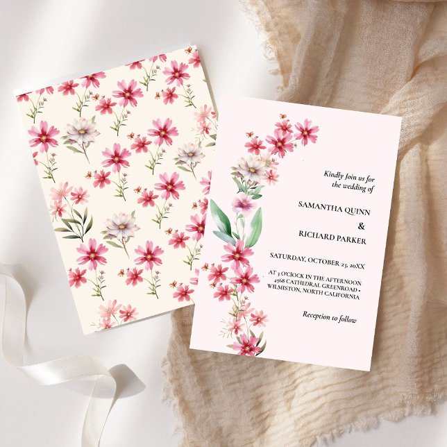 Classic Pink Blush Greenery Wildflower Wedding Invitation (Creator Uploaded)