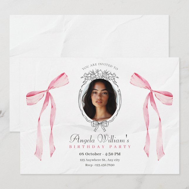 Classic pink bow elegant photo birthday invitation (Front/Back)