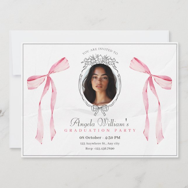 Classic pink bow elegant photo Graduation Invitation (Front)