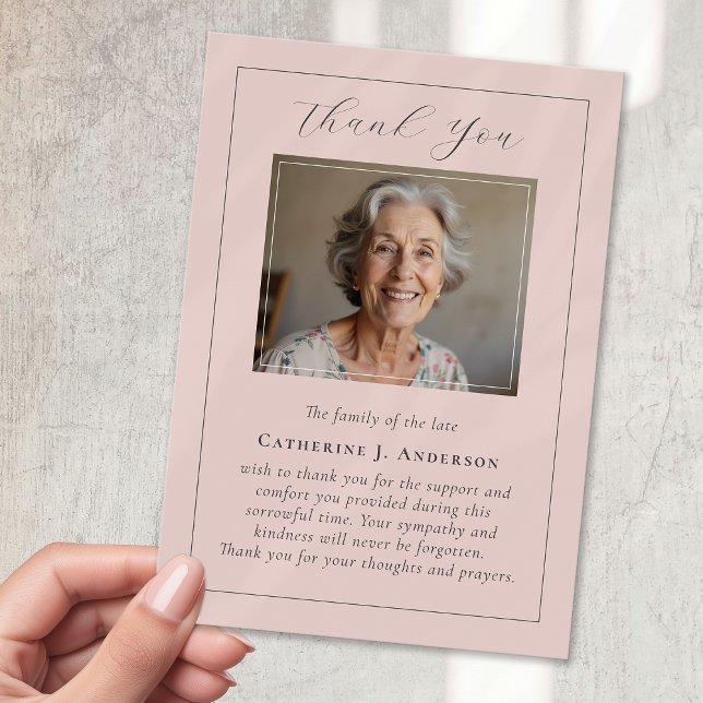 Classic Pink Calligraphy Photo Sympathy Funeral  Thank You Card (Creator Uploaded)