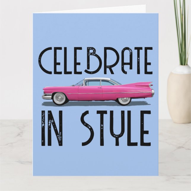 CLASSIC PINK CAR FINS BIRTHDAY CARD (Front)