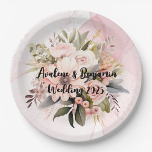 Classic Pink Floral Alcohol Ink Wedding Paper Plates