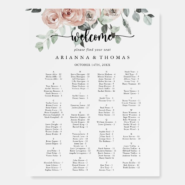 Classic Pink Floral Alphabetical Seating Chart  Foam Board (Front)