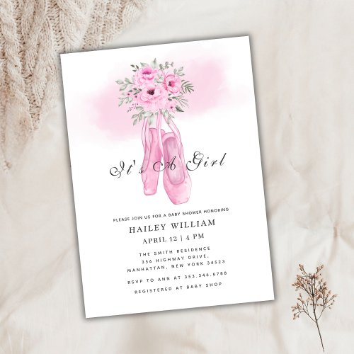 Classic Pink Floral Ballerina Shoes Baby Shower  Invitation