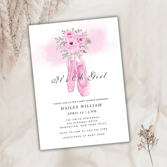 Classic Pink Floral Ballerina Shoes Baby Shower  Invitation (Classic Pink Floral Ballerina Shoes Baby Shower Invitation)