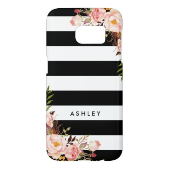 Classic Pink Floral Black White Stripes Monogram Samsung Galaxy S7 Case by CityHunter at Zazzle