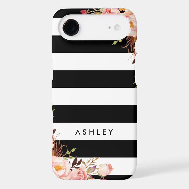Classic Pink Floral Black White Stripes Monogram Case-Mate Samsung Galaxy Case (Back)