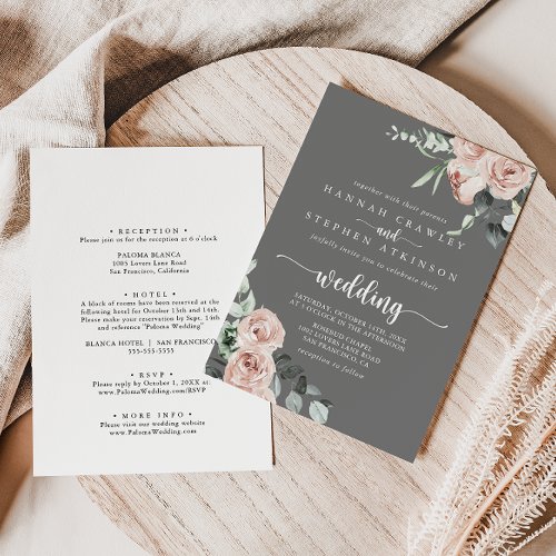 Classic Pink Floral Gray Front  Back Wedding  Invitation