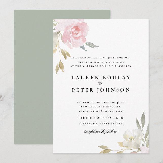 Classic Pink Floral Wedding Invitation (Front/Back)
