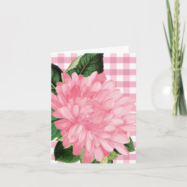 Classic Pink Flower Gingham Patten  Note Card (Front)