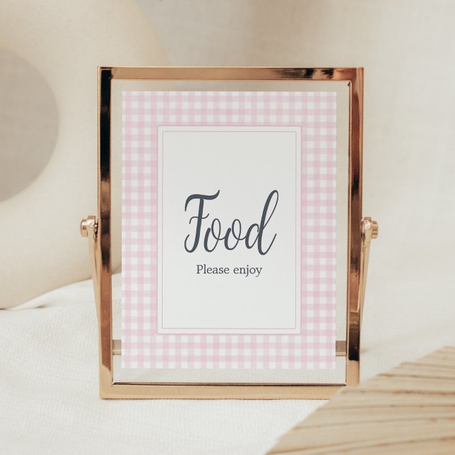 Classic Pink Gingham Baby Shower Food Poster (Girl Gingham Baby Shower Food Sign)