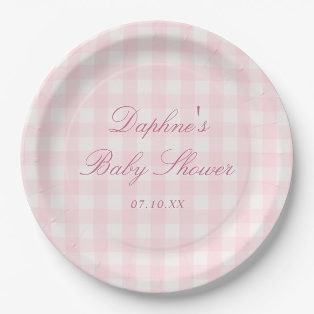 Classic Pink Gingham Baby Shower Paper Plates (Front)