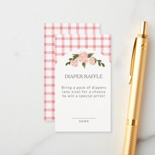 Classic Pink Gingham Diaper Faffle Baby Shower Enclosure Card (Front/Back In Situ)