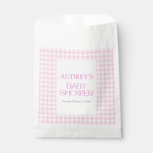 Classic Pink Gingham Girl Baby Shower Favor Bag (Front)