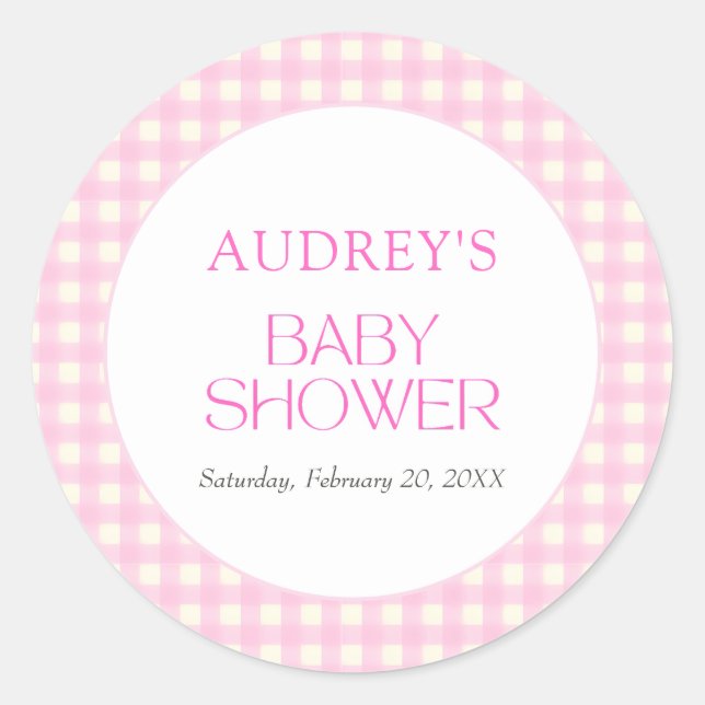 Classic Pink Gingham Girl Baby Shower Round Sticker (Front)