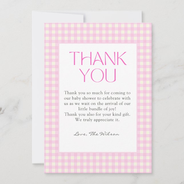 Classic Pink Gingham Girl Baby Shower Thank You Card (Front)