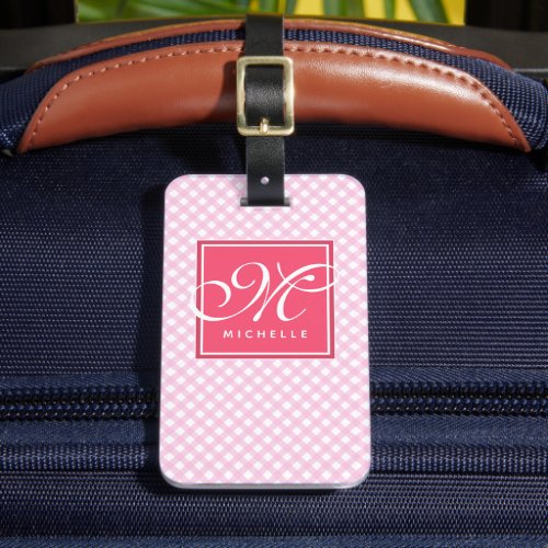 Classic Pink Gingham Pattern _ Script Monogrammed Luggage Tag