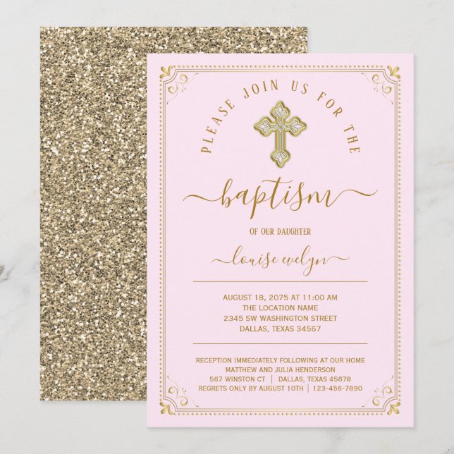 Classic Pink Gold Girl Baptism Invitation (Front/Back)