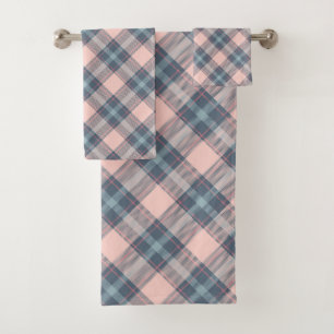 Classic Pink Gray Blue Plaid Gingham Pattern Bath Towel Set