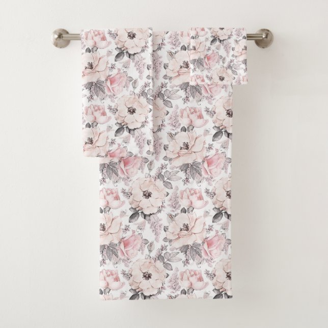 Classic Pink & Gray Pattern Bath Towel Set (Insitu)