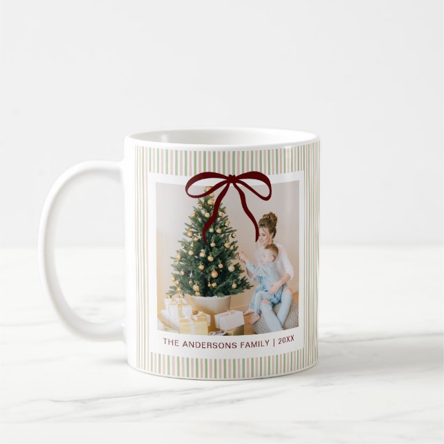Classic Pink Green Stripes Red Bow Christmas Coffee Mug (Left)