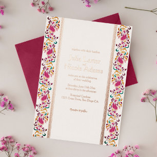 Classic Pink Green Yellow Floral Swan Bird Wedding Foil Invitation