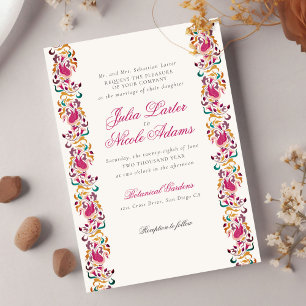 Classic Pink Green Yellow Floral Swan Bird Wedding Invitation