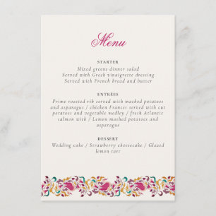 Classic Pink Green Yellow Floral Swan Bird Wedding Menu