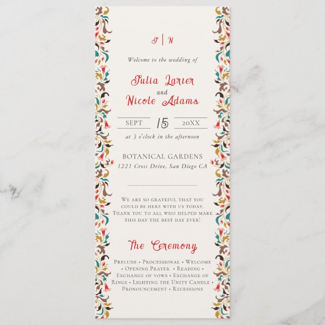 Classic Pink Green Yellow Floral Swan Bird Wedding Program (Front)