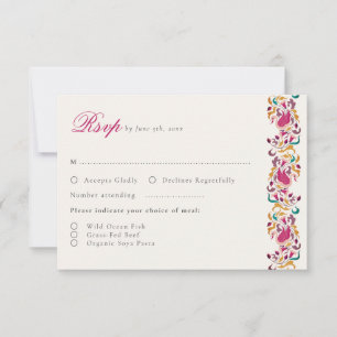 Classic Pink Green Yellow Floral Swan Bird Wedding RSVP Card