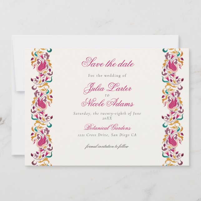 Classic Pink Green Yellow Floral Swan Bird Wedding Save The Date (Front)