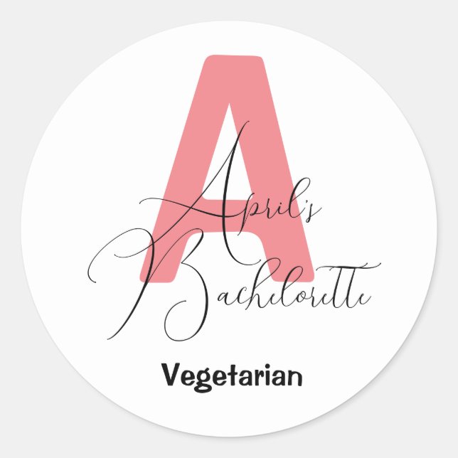 Classic Pink, name and initial bachelorette Classic Round Sticker (Front)