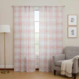 Classic Pink Orange and Green Plaid Patterned Blackout Curtains