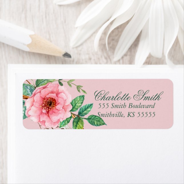 Classic Pink Peony Feather Floral Design Label (Insitu)