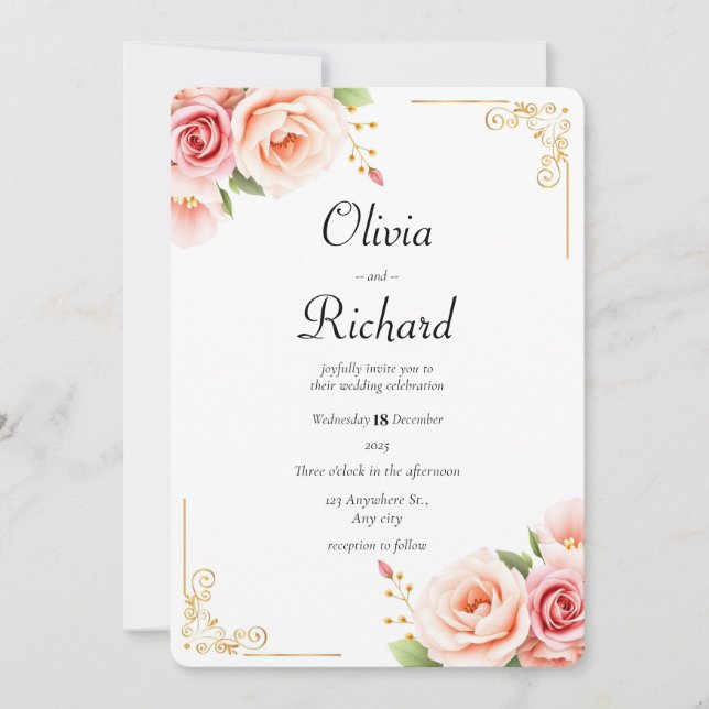 Classic Pink Peony Floral Wedding  Invitation (Front)