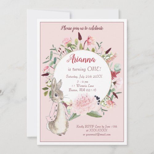 Classic Pink Peter Rabbit Floral Birthday   Invitation