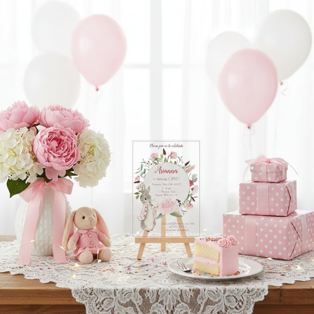 Classic Pink Peter the Rabbit Floral Birthday  Acrylic Invitations (Creator Uploaded)