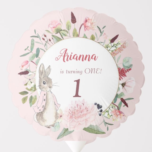 Classic Pink Peter the Rabbit Floral Birthday Balloon (Front)