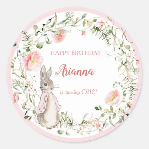 Classic Pink Peter the Rabbit Floral Birthday Classic Round Sticker