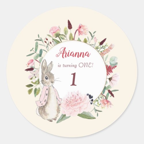 Classic Pink Peter the Rabbit Floral Birthday Classic Round Sticker