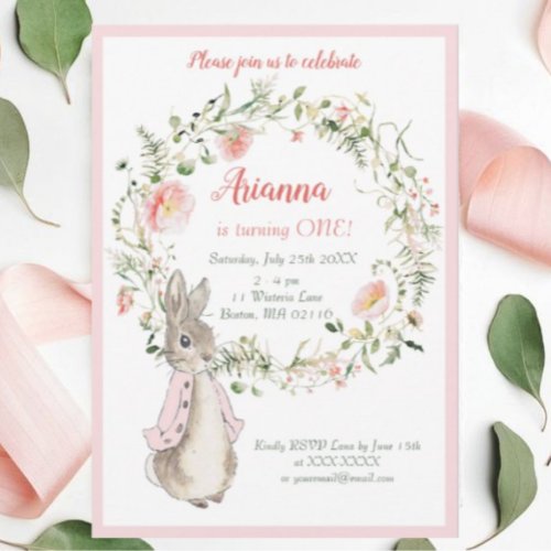 Classic Pink Peter the Rabbit Floral Birthday  Invitation