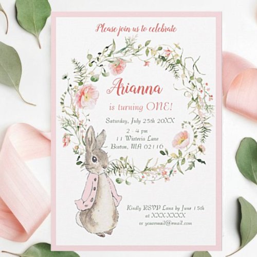 Classic Pink Peter the Rabbit Floral Birthday  Invitation