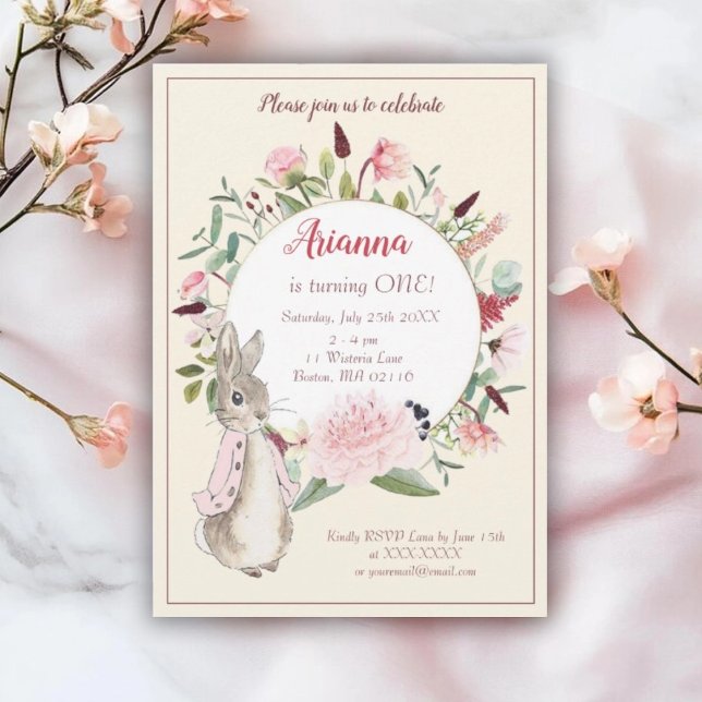 Classic Pink Peter the Rabbit Floral Birthday Invitation (Creator Uploaded)