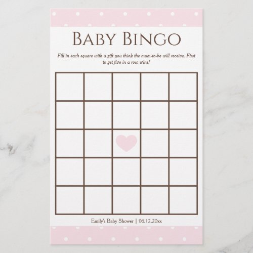 Classic Pink Polka Dot Girl Baby Shower Bingo Game