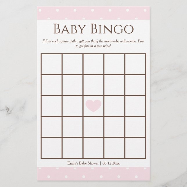 Classic Pink Polka Dot Girl Baby Shower Bingo Game (Front)