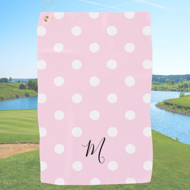Classic Pink Polka Dots Pattern Monogram Golf Towel (Creator Uploaded)