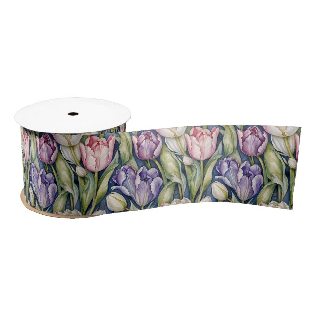 Classic Pink, Purple, Whute Tulips Satin Ribbon (Spool)