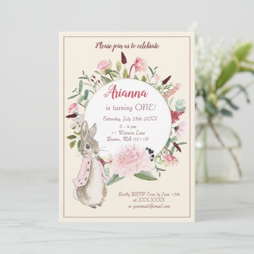 Classic Pink Rabbit Floral w Photo Birthday Invitation