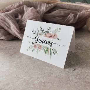 Classic Pink Rose Floral Folded Wedding Gracias Letterpress Thank You Card